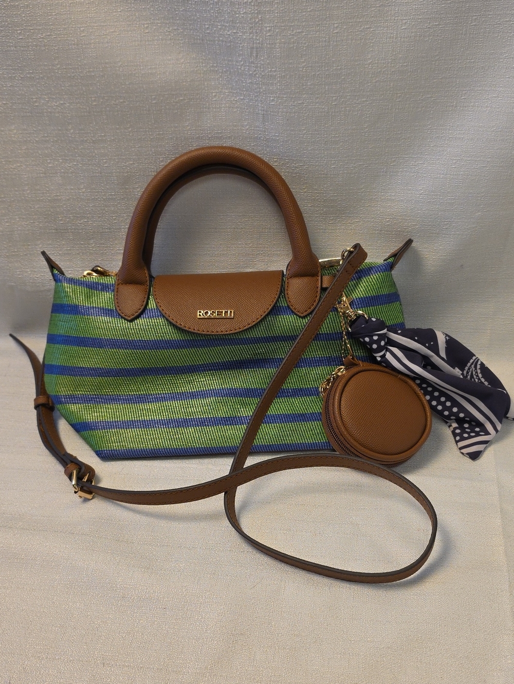 Rosetti Megan Blue & Green Striped Adjustable Crossbody Bag with Brown Trim